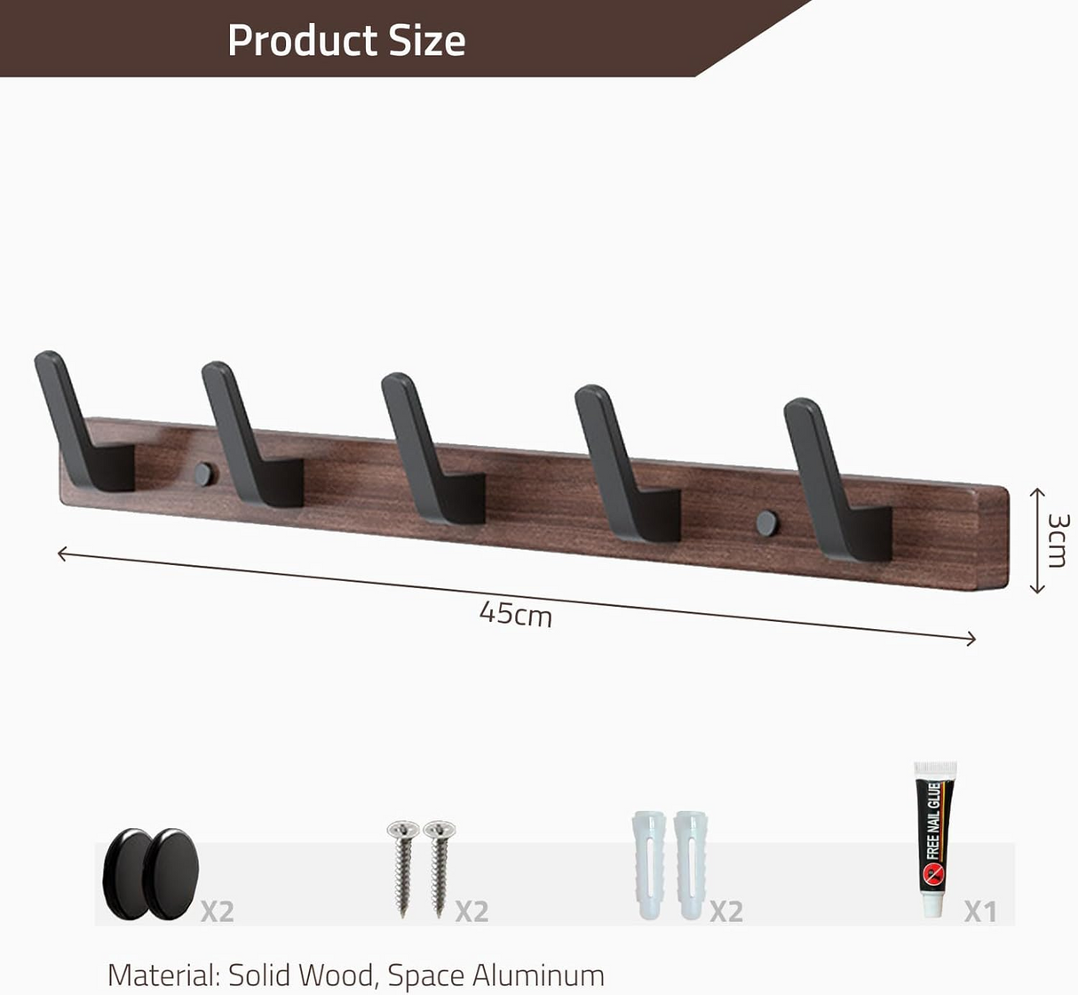 Luca Walnut & Aluminum Wall-Mounted Coat Rack