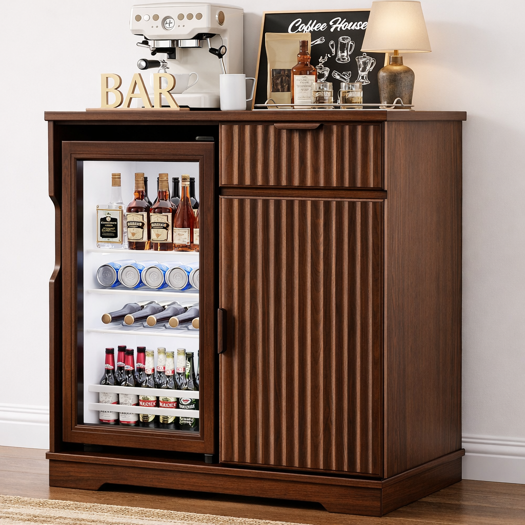 GC01 All-in-One Beverage Center: Wood Mini Fridge Station with Storage Drawer & Cabinet
