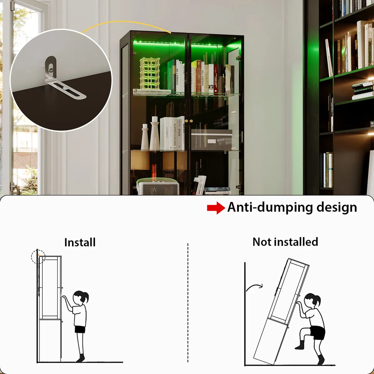 Evan LED Light Strip Glass Door Curio Display Cabinet