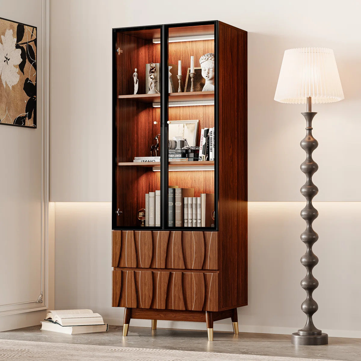 Ennio Keit Mid Century Modern Tall Kitchen Hutch Display Cabinet