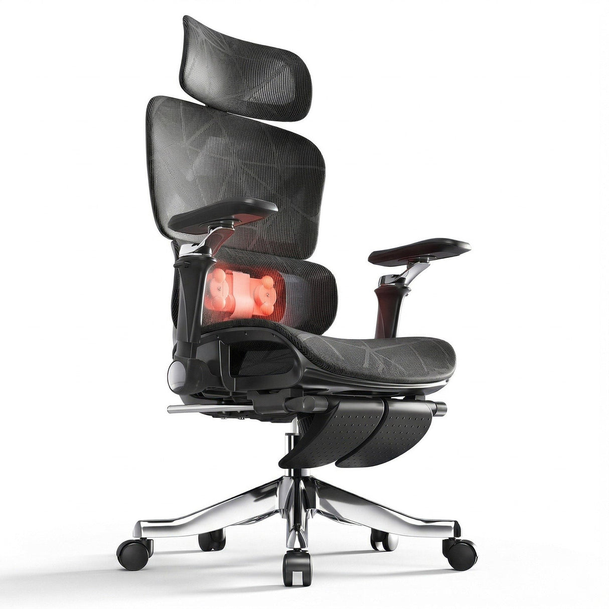 Ergonomic office chair with mesh back and adjustable armrests on a white background