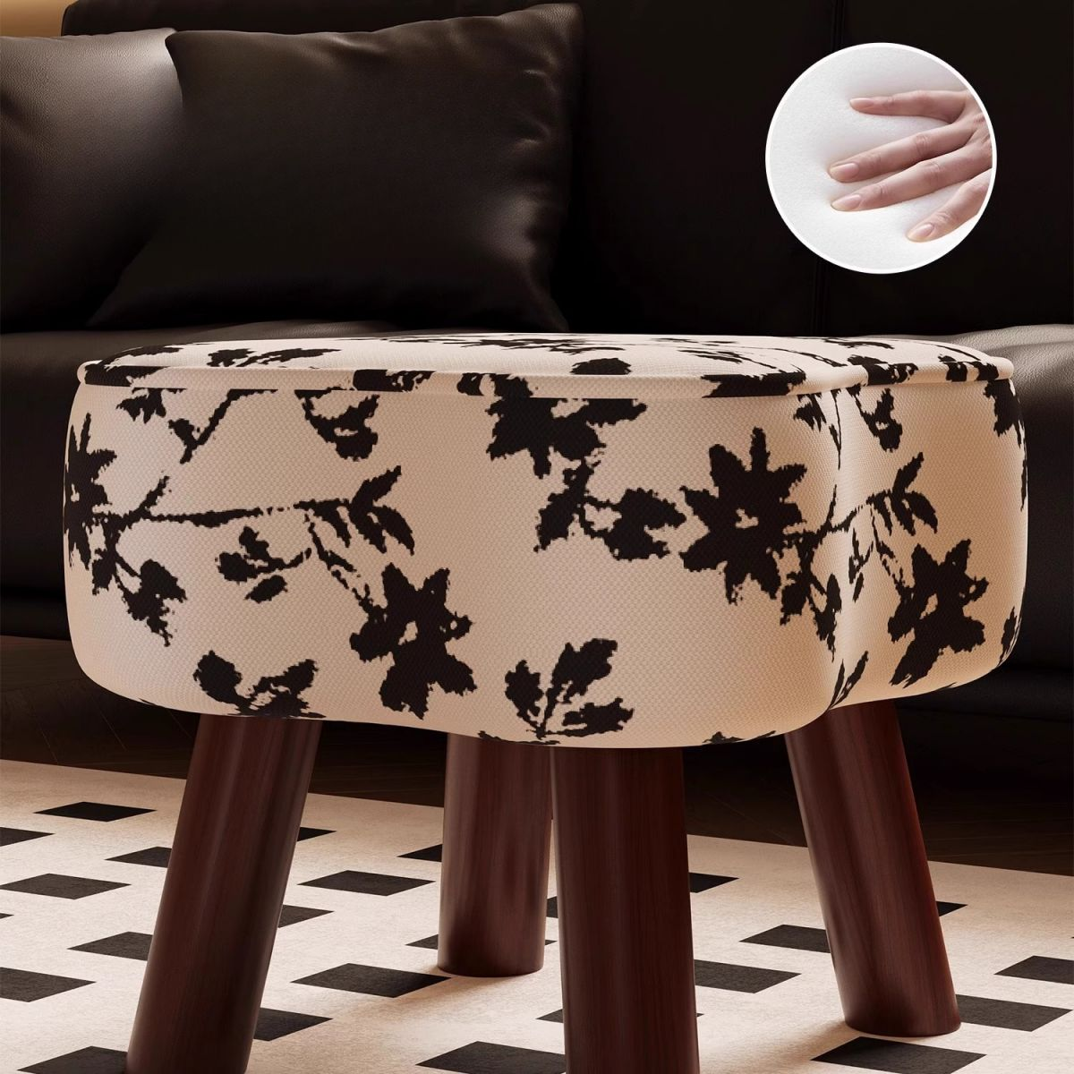 Vane Petal-Shaped Ink-Wash Floral Foot Stool