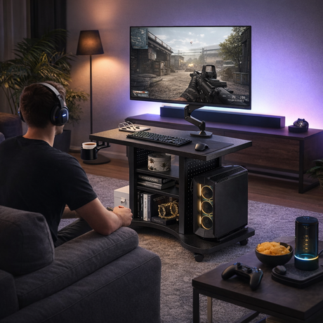 WS-50 Mobile Computer Desk with Adjustable Monitor Arm & Storage Shelves