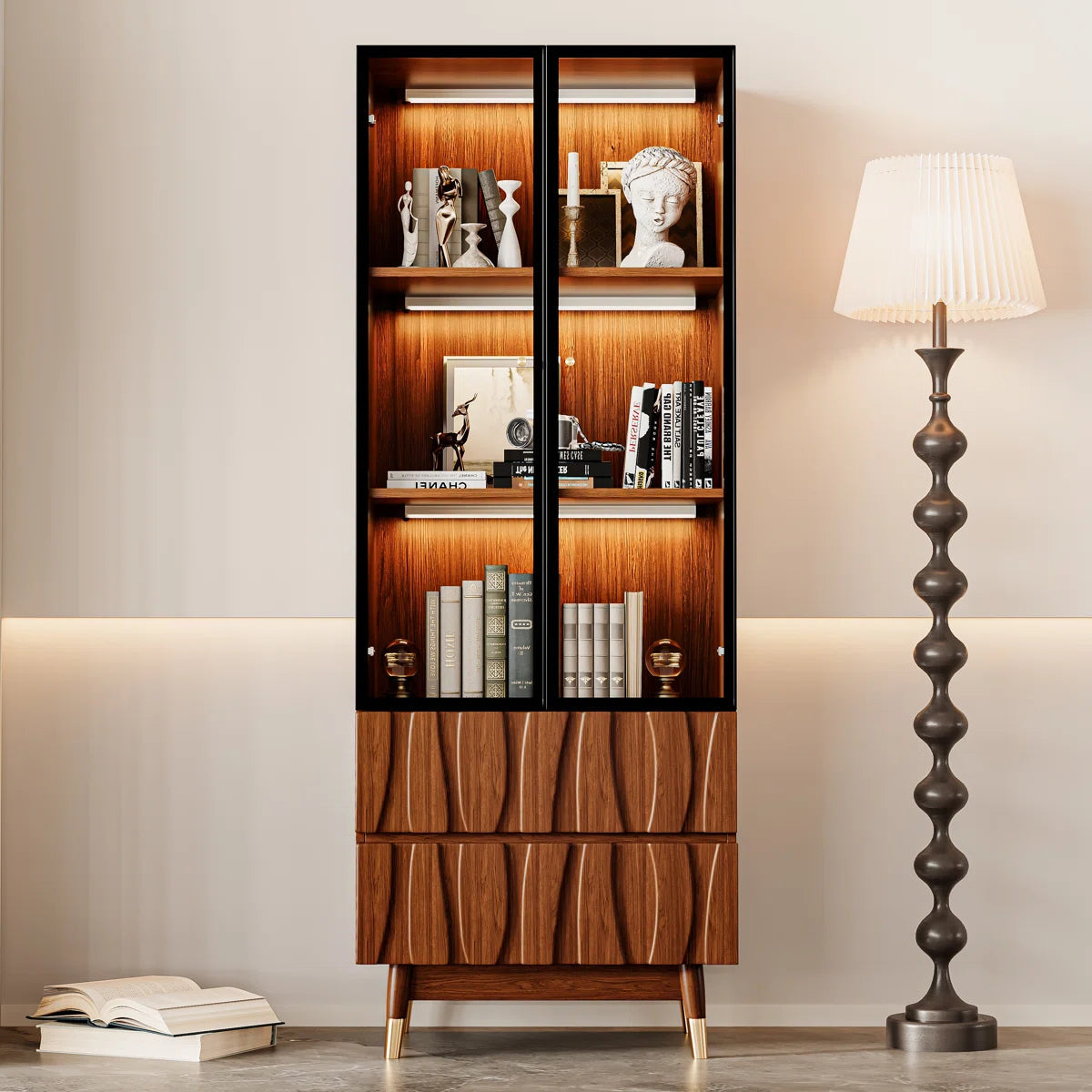 Ennio Keit Mid Century Modern Tall Kitchen Hutch Display Cabinet