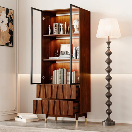 Ennio Keit Mid Century Modern Tall Kitchen Hutch Display Cabinet