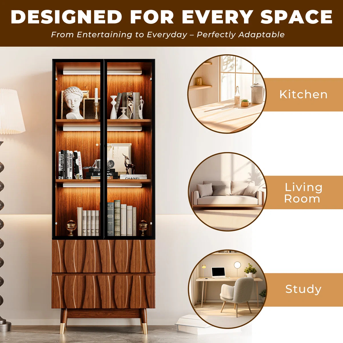 Ennio Keit Mid Century Modern Tall Kitchen Hutch Display Cabinet