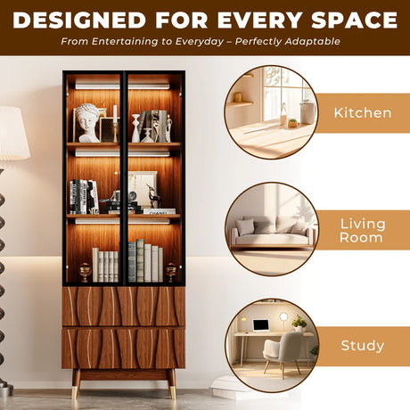 Ennio Keit Mid Century Modern Tall Kitchen Hutch Display Cabinet