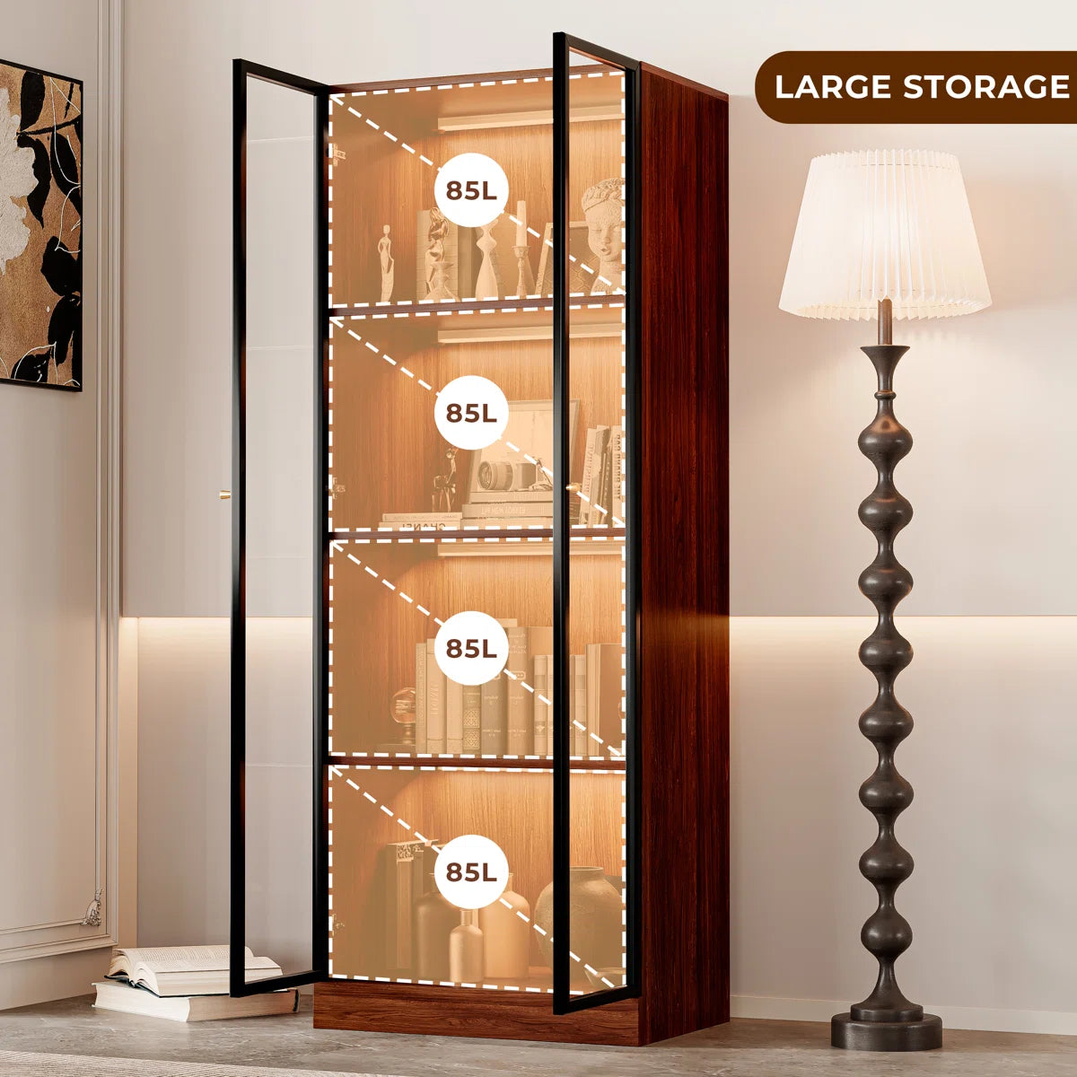 Ennio Keit Mid Century Modern Tall Kitchen Hutch Display Cabinet