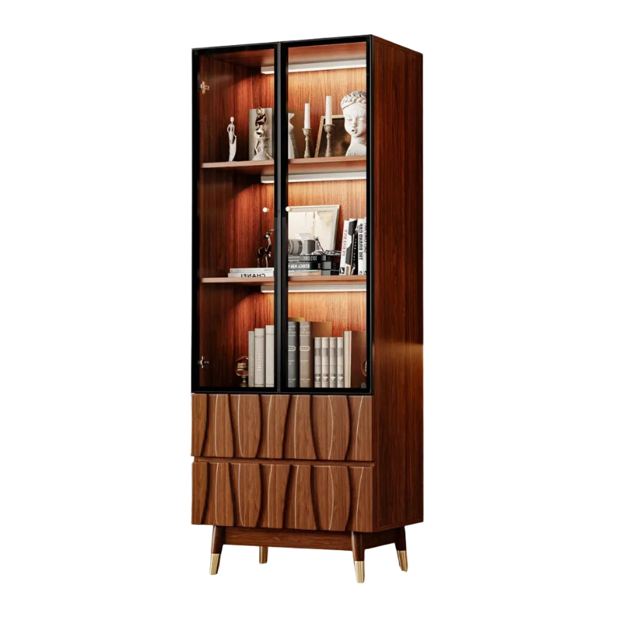 Ennio Keit Mid Century Modern Tall Kitchen Hutch Display Cabinet