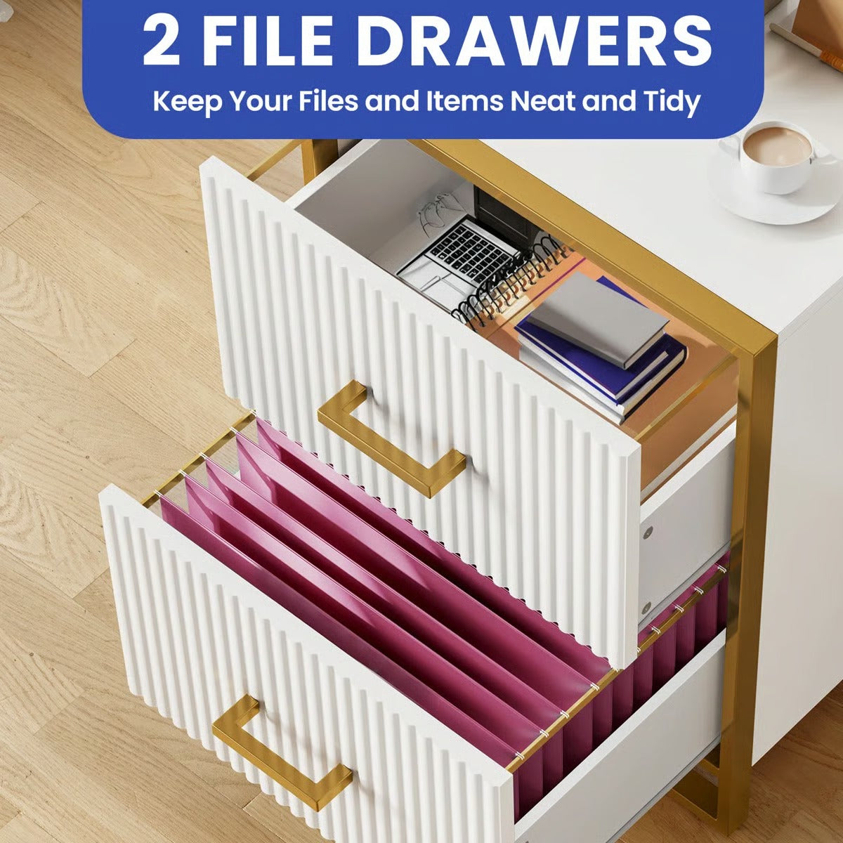 Fluted Under Desk Storage Drawer - 2 Drawers File Cabinet